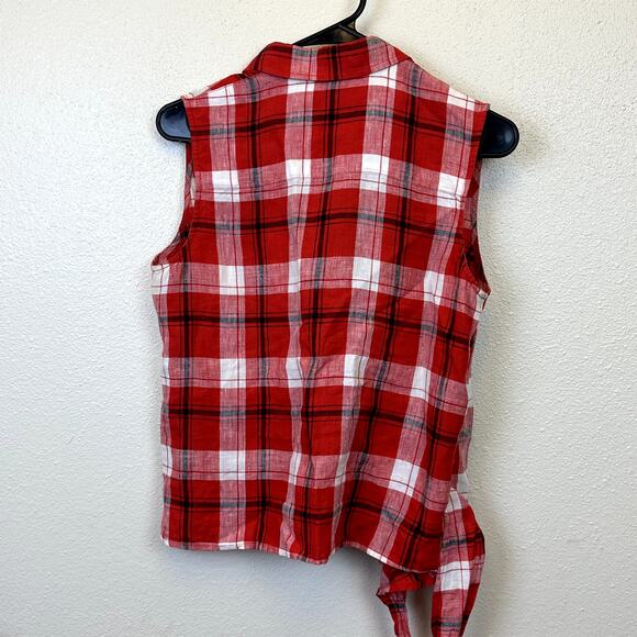 Lauren Ralph Lauren Women's Size 6 100% Linen Cropped Tie Wrap Top Red Plaid - Picture 4 of 5